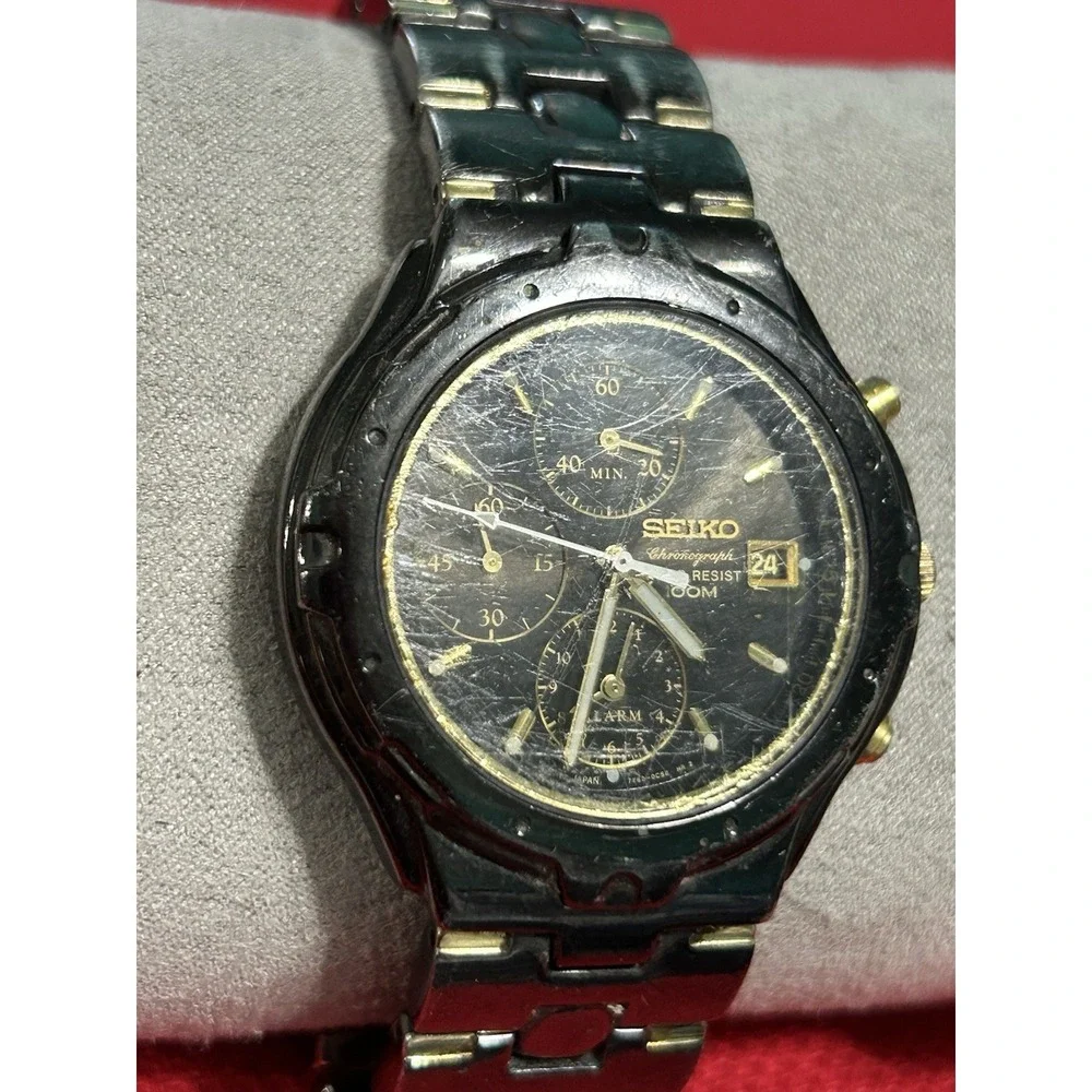 Vintage Seiko Chronograph Alarm Black Chrome/Gold Quartz Men's Watch 7T62-0CJ0‎